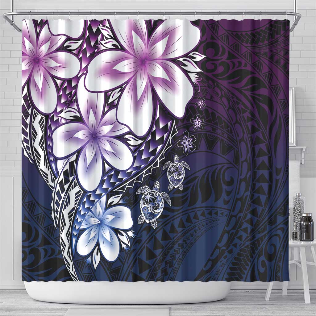 Polynesia Romantic Valentine Shower Curtain Sea Turtle Couple With Purple Gradient Plumeria