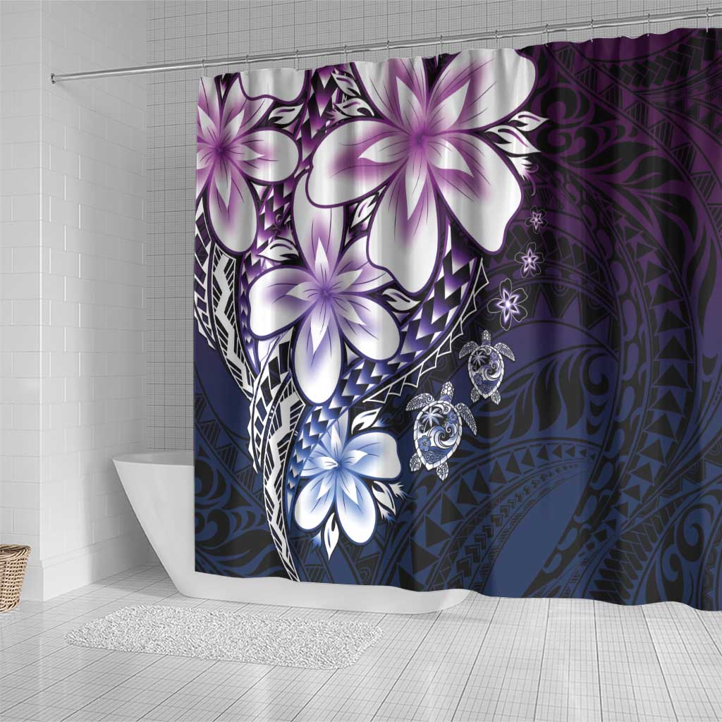 Polynesia Romantic Valentine Shower Curtain Sea Turtle Couple With Purple Gradient Plumeria