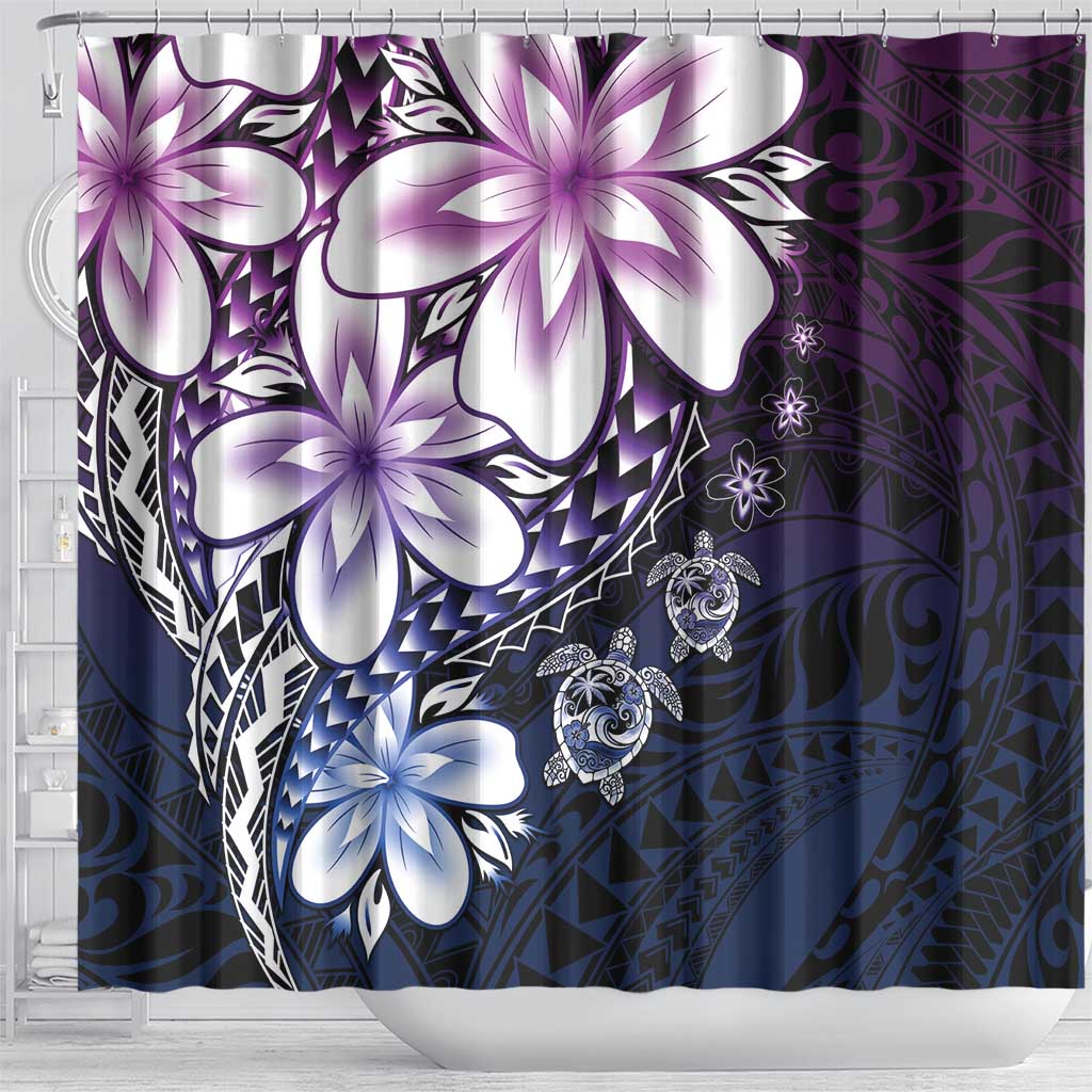 Polynesia Romantic Valentine Shower Curtain Sea Turtle Couple With Purple Gradient Plumeria