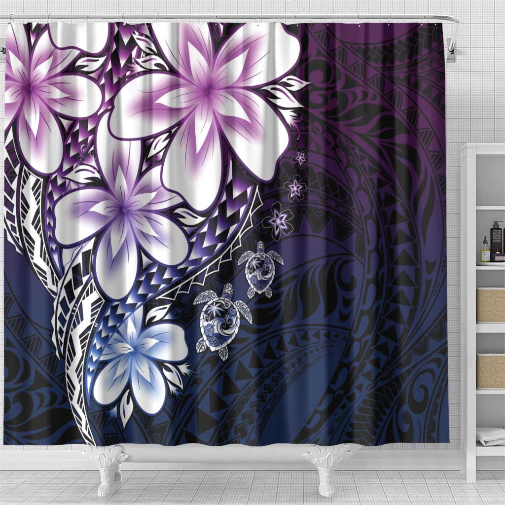 Polynesia Romantic Valentine Shower Curtain Sea Turtle Couple With Purple Gradient Plumeria