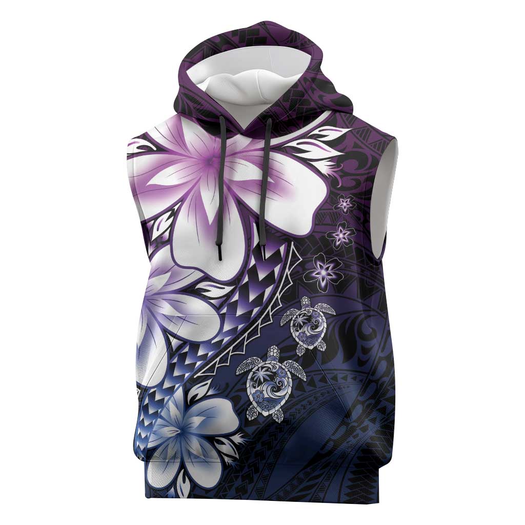 Polynesia Romantic Valentine Sleeveless Hoodie Sea Turtle Couple With Purple Gradient Plumeria