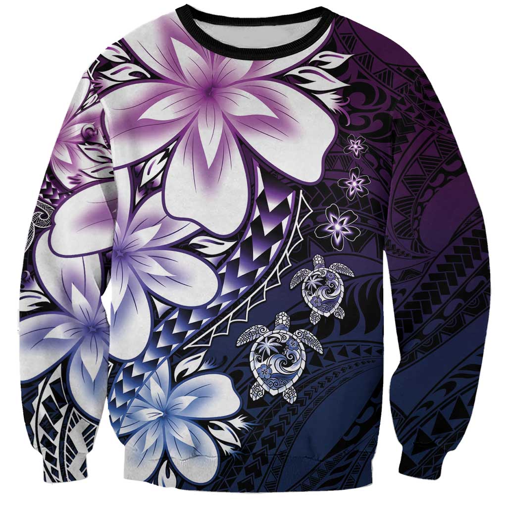 Polynesia Romantic Valentine Sweatshirt Sea Turtle Couple With Purple Gradient Plumeria
