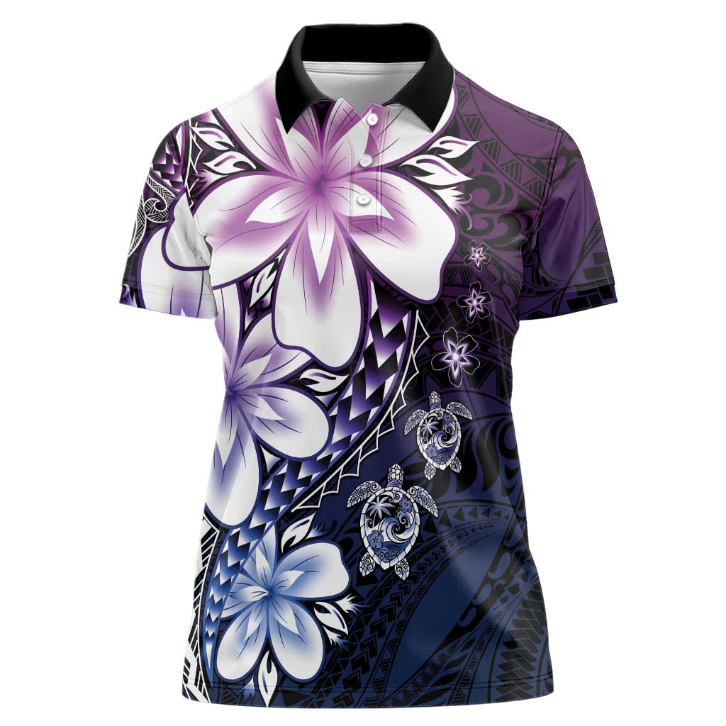 Polynesia Romantic Valentine Women Polo Shirt Sea Turtle Couple With Purple Gradient Plumeria