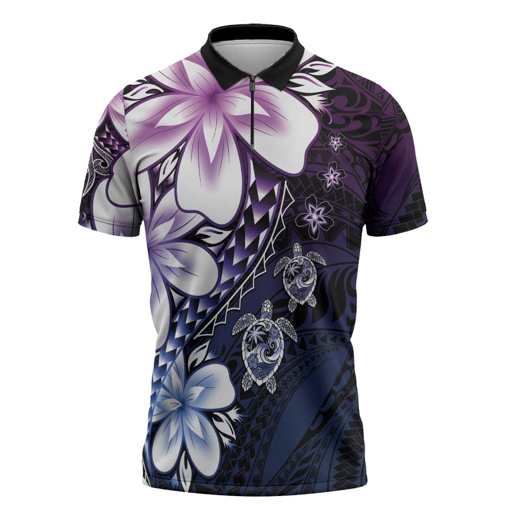Polynesia Romantic Valentine Zipper Polo Shirt Sea Turtle Couple With Purple Gradient Plumeria