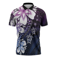 Polynesia Romantic Valentine Zipper Polo Shirt Sea Turtle Couple With Purple Gradient Plumeria