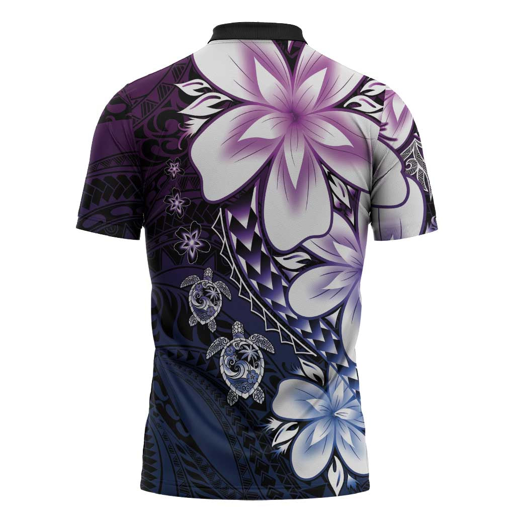 Polynesia Romantic Valentine Zipper Polo Shirt Sea Turtle Couple With Purple Gradient Plumeria