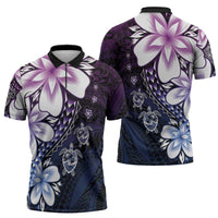 Polynesia Romantic Valentine Zipper Polo Shirt Sea Turtle Couple With Purple Gradient Plumeria