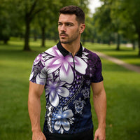 Polynesia Romantic Valentine Zipper Polo Shirt Sea Turtle Couple With Purple Gradient Plumeria