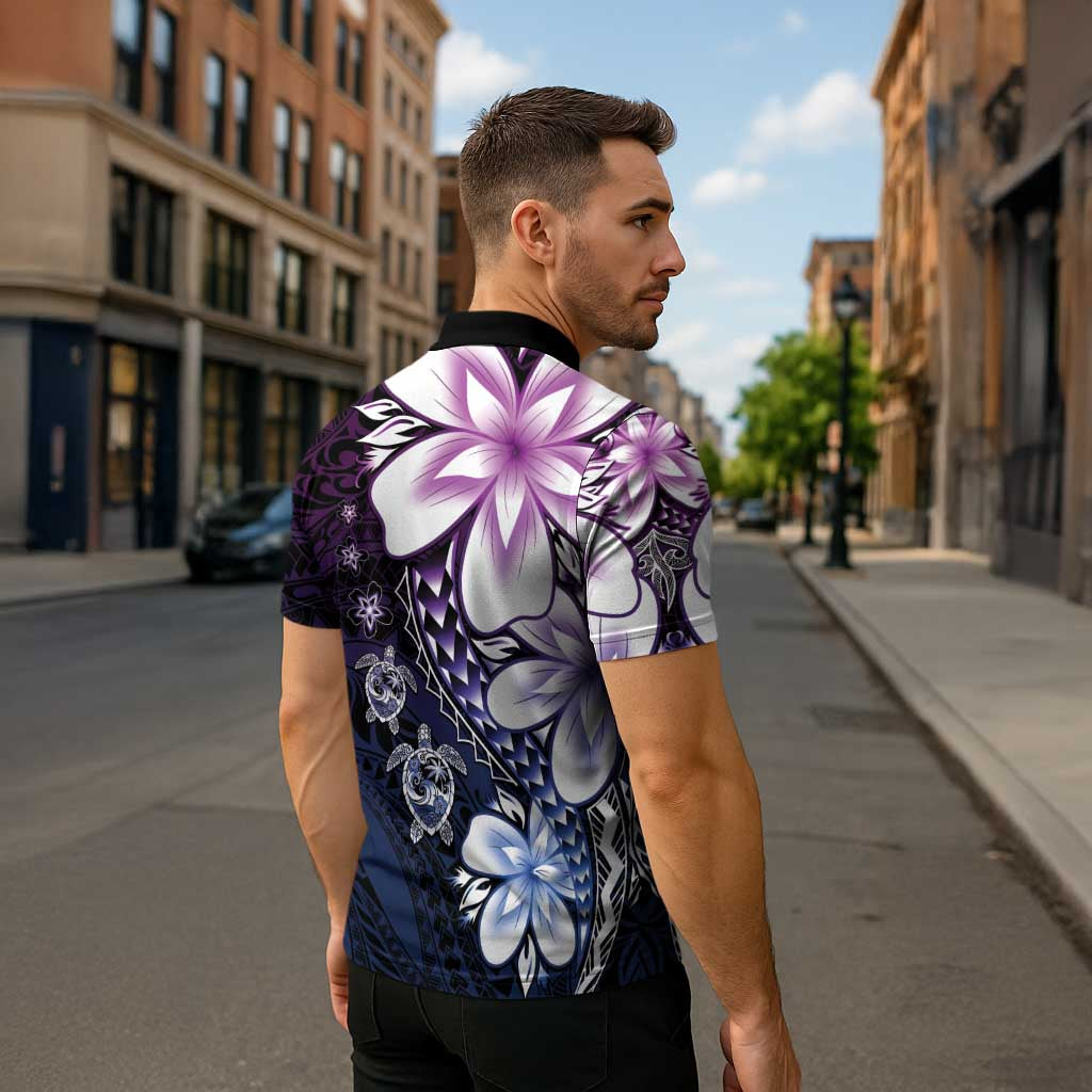 Polynesia Romantic Valentine Zipper Polo Shirt Sea Turtle Couple With Purple Gradient Plumeria
