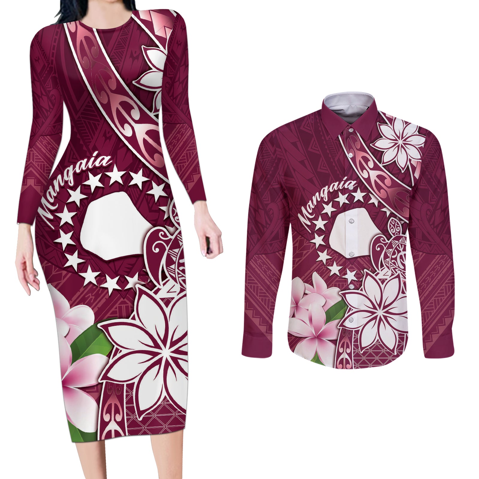 Personalised Cook Island Mangaia Gospel Day Couples Matching Long Sleeve Bodycon Dress and Long Sleeve Button Shirt Floral Tribal Pattern