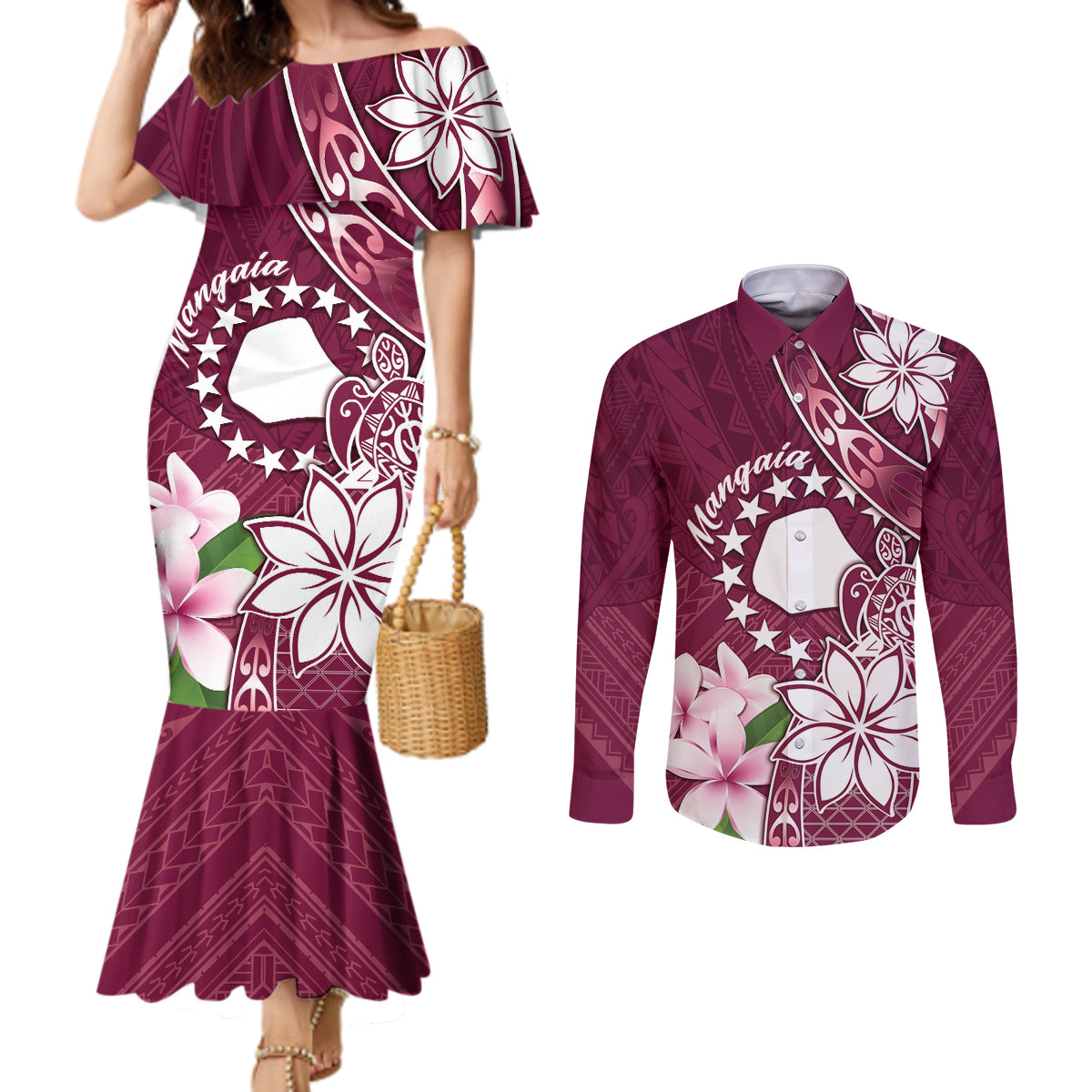 Personalised Cook Island Mangaia Gospel Day Couples Matching Mermaid Dress and Long Sleeve Button Shirt Floral Tribal Pattern
