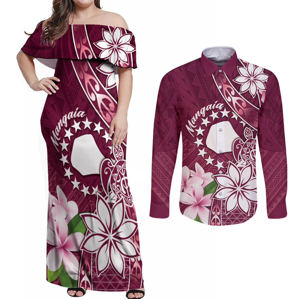 Personalised Cook Island Mangaia Gospel Day Couples Matching Off Shoulder Maxi Dress and Long Sleeve Button Shirt Floral Tribal Pattern
