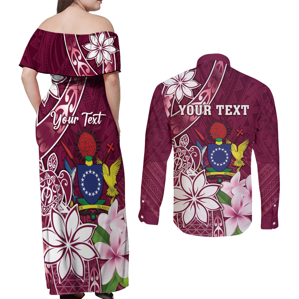 Personalised Cook Island Mangaia Gospel Day Couples Matching Off Shoulder Maxi Dress and Long Sleeve Button Shirt Floral Tribal Pattern