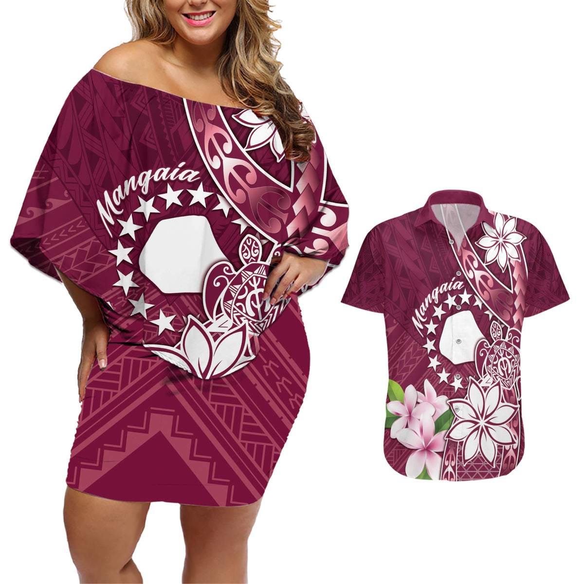 Personalised Cook Island Mangaia Gospel Day Couples Matching Off Shoulder Short Dress and Hawaiian Shirt Floral Tribal Pattern