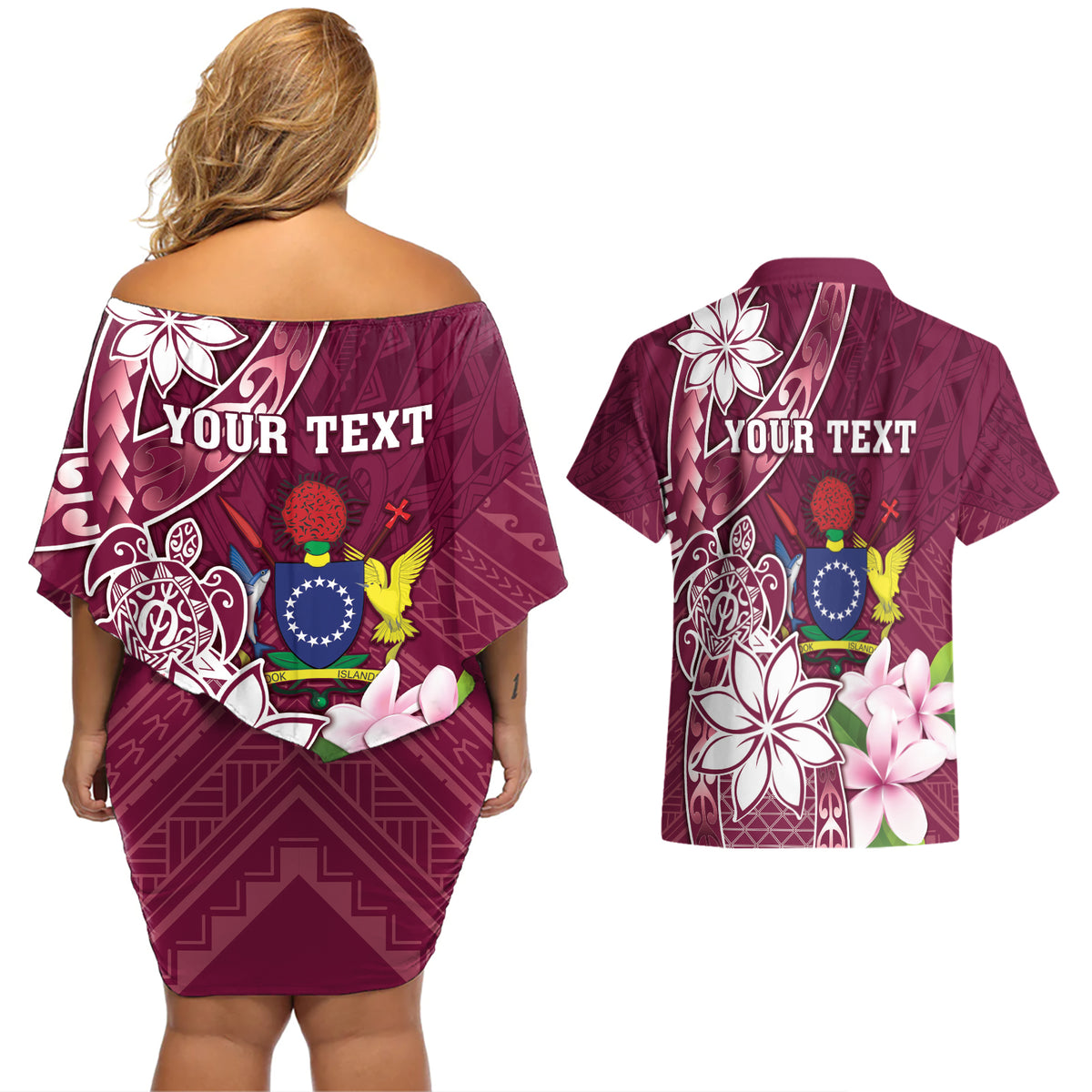 Personalised Cook Island Mangaia Gospel Day Couples Matching Off Shoulder Short Dress and Hawaiian Shirt Floral Tribal Pattern