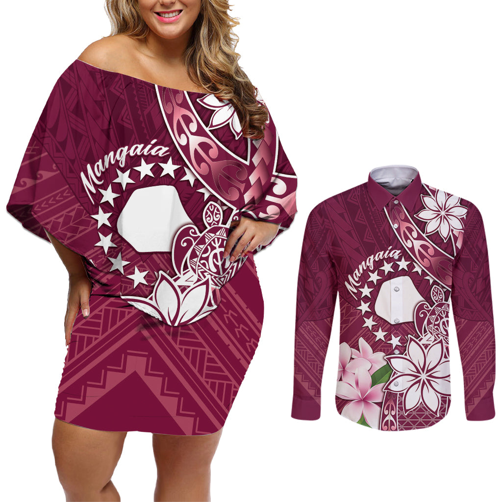 Personalised Cook Island Mangaia Gospel Day Couples Matching Off Shoulder Short Dress and Long Sleeve Button Shirt Floral Tribal Pattern