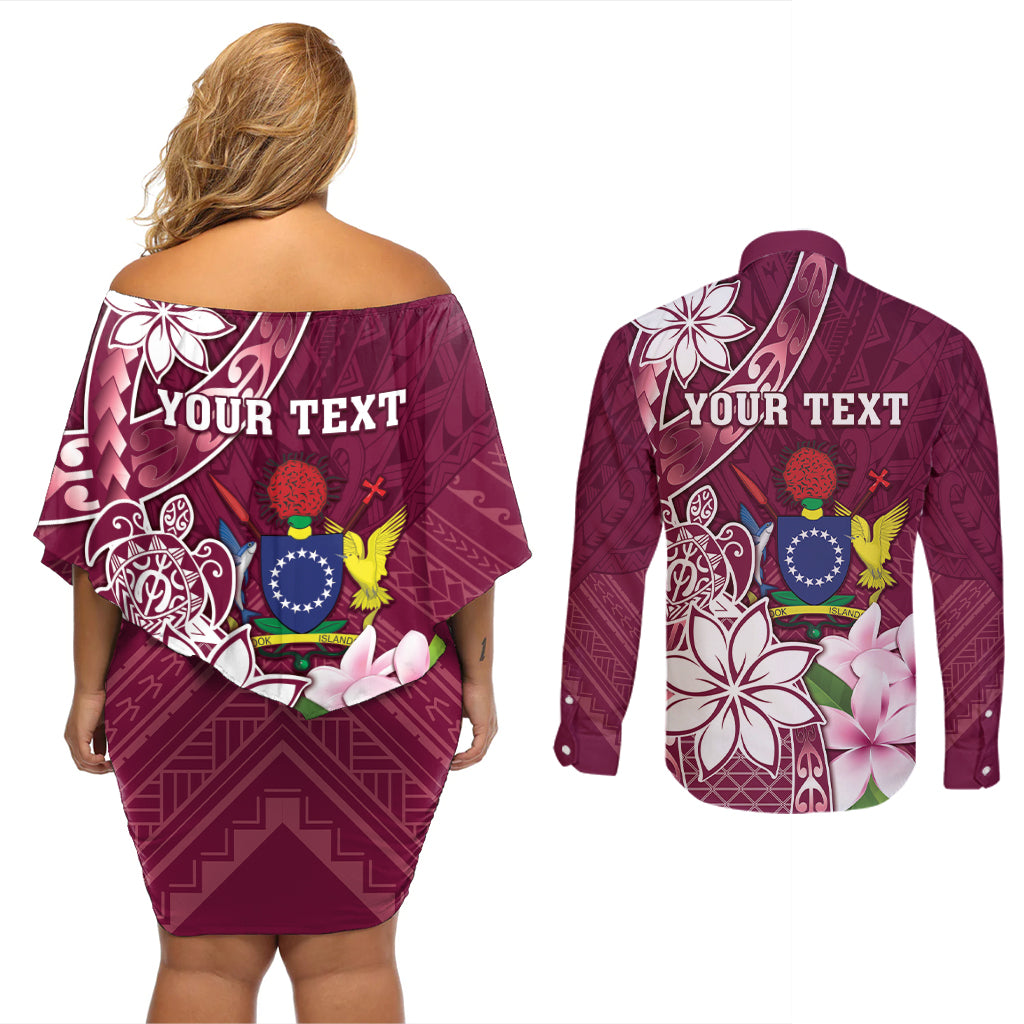 Personalised Cook Island Mangaia Gospel Day Couples Matching Off Shoulder Short Dress and Long Sleeve Button Shirt Floral Tribal Pattern
