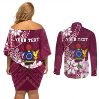 Personalised Cook Island Mangaia Gospel Day Couples Matching Off Shoulder Short Dress and Long Sleeve Button Shirt Floral Tribal Pattern
