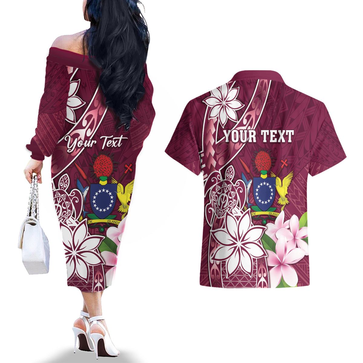 Personalised Cook Island Mangaia Gospel Day Couples Matching Off The Shoulder Long Sleeve Dress and Hawaiian Shirt Floral Tribal Pattern