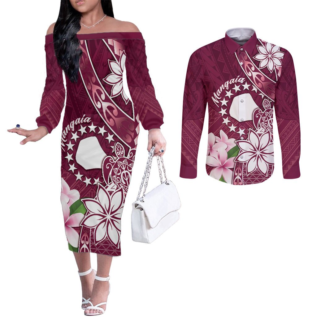 Personalised Cook Island Mangaia Gospel Day Couples Matching Off The Shoulder Long Sleeve Dress and Long Sleeve Button Shirt Floral Tribal Pattern