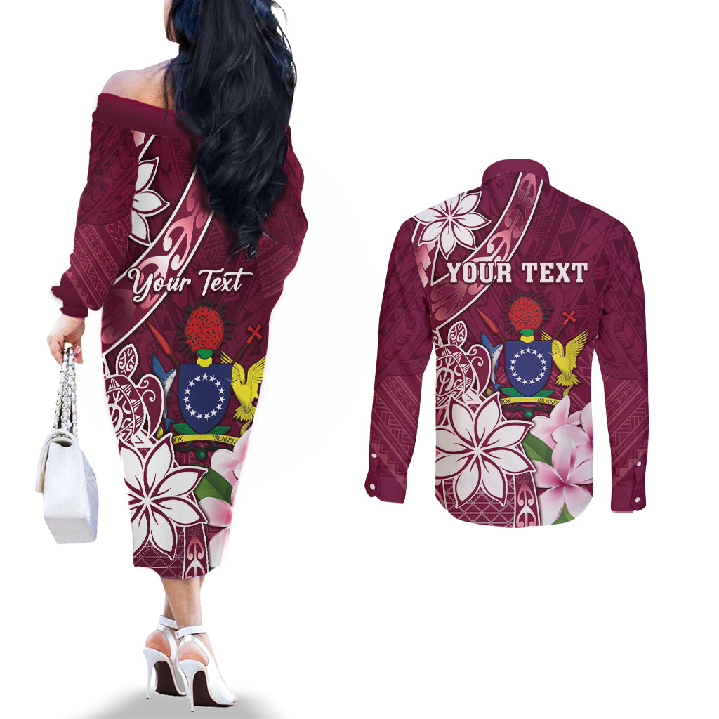 Personalised Cook Island Mangaia Gospel Day Couples Matching Off The Shoulder Long Sleeve Dress and Long Sleeve Button Shirt Floral Tribal Pattern