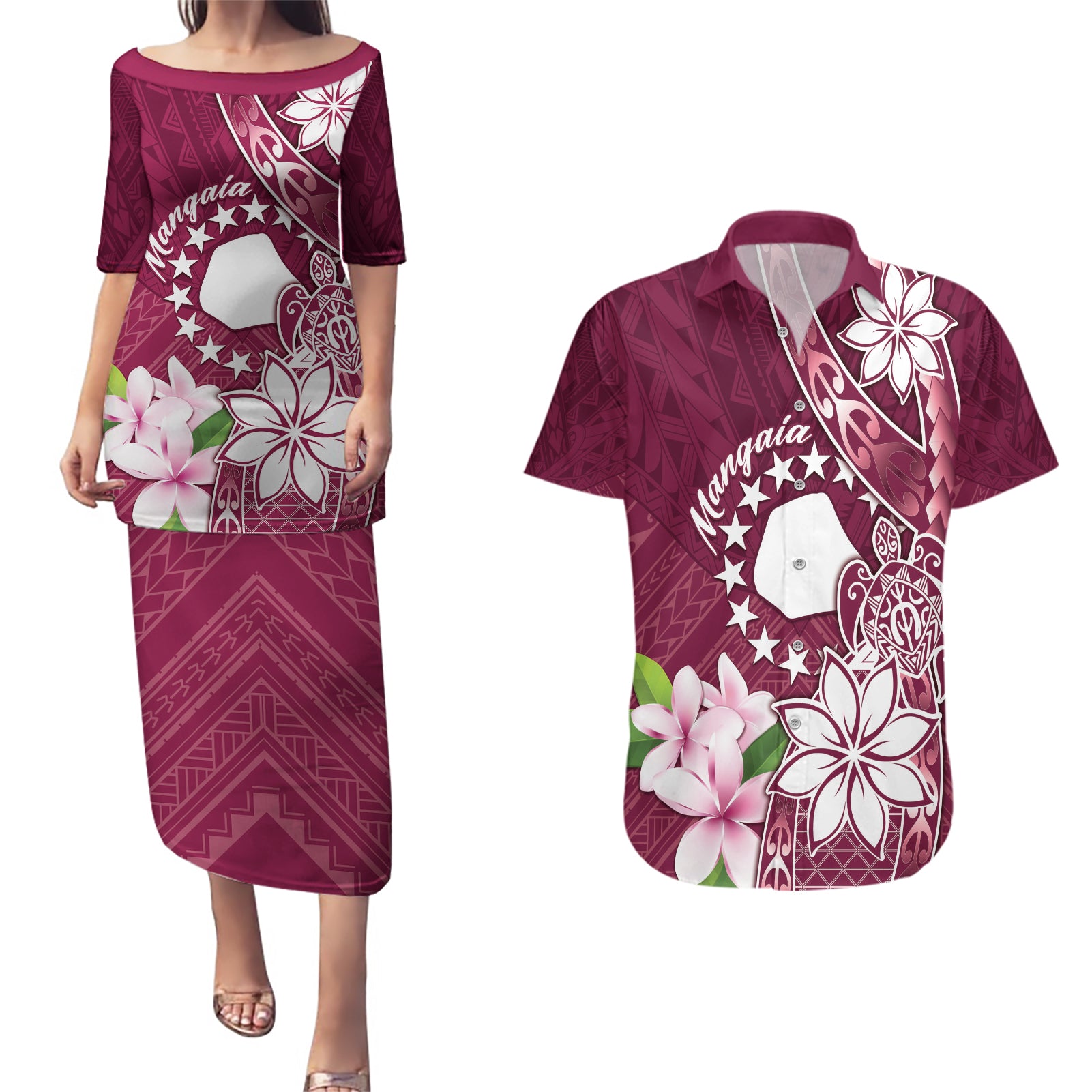 Personalised Cook Island Mangaia Gospel Day Couples Matching Puletasi and Hawaiian Shirt Floral Tribal Pattern