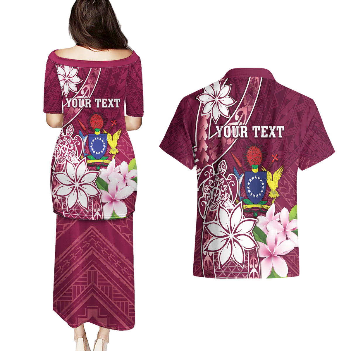 Personalised Cook Island Mangaia Gospel Day Couples Matching Puletasi and Hawaiian Shirt Floral Tribal Pattern