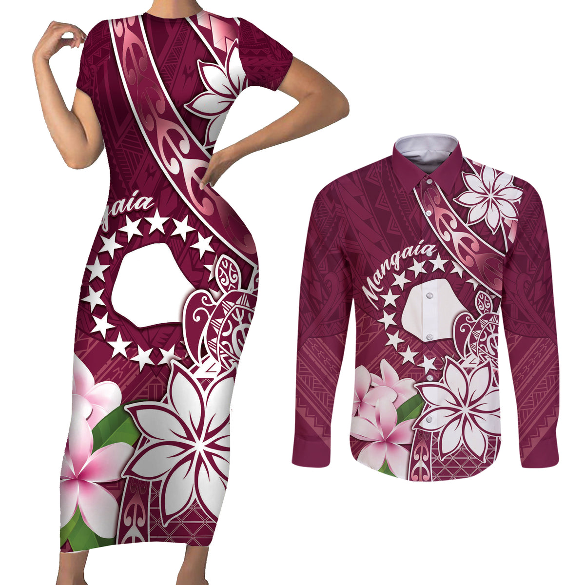 Personalised Cook Island Mangaia Gospel Day Couples Matching Short Sleeve Bodycon Dress and Long Sleeve Button Shirt Floral Tribal Pattern