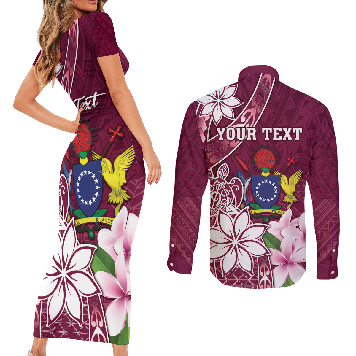 Personalised Cook Island Mangaia Gospel Day Couples Matching Short Sleeve Bodycon Dress and Long Sleeve Button Shirt Floral Tribal Pattern