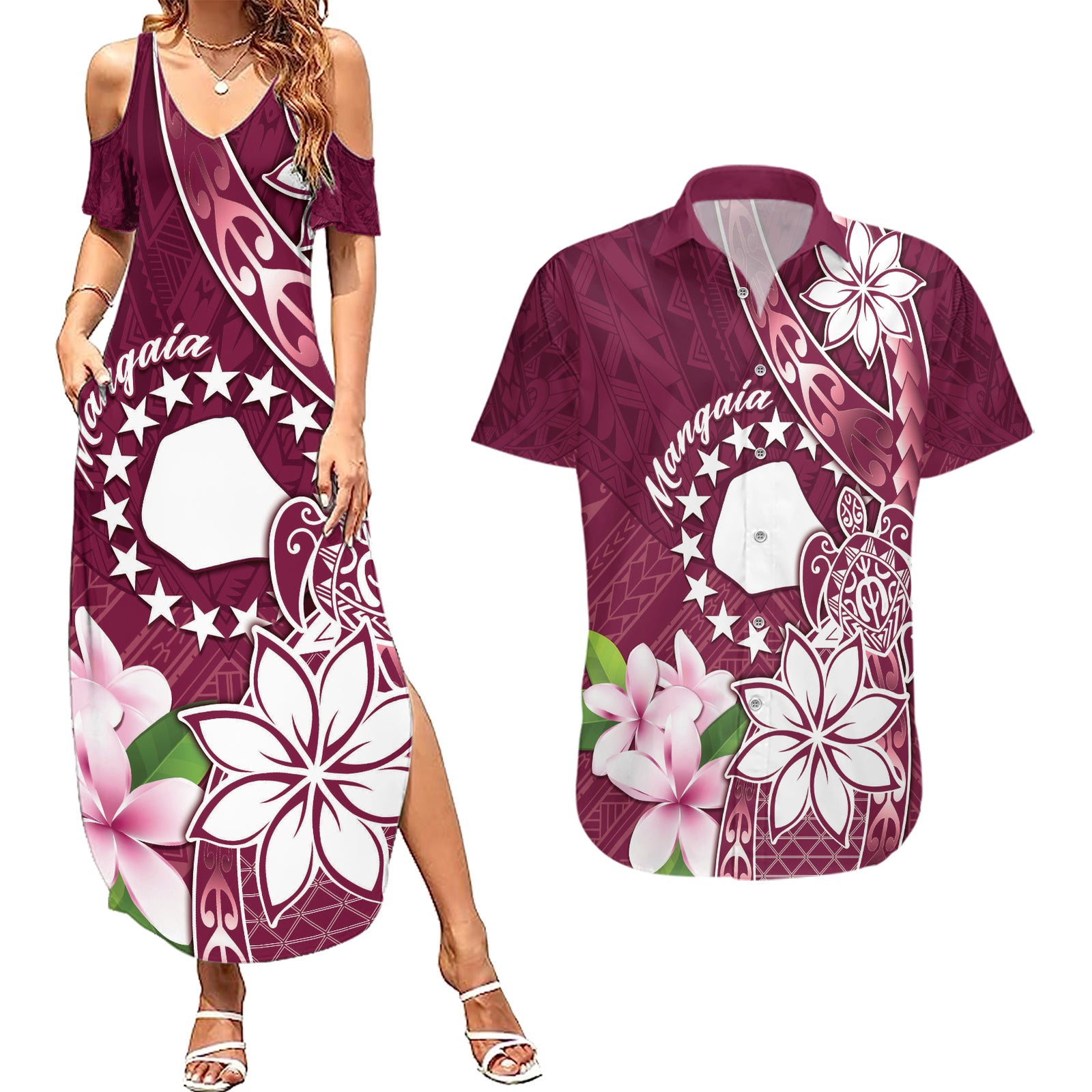 Personalised Cook Island Mangaia Gospel Day Couples Matching Summer Maxi Dress and Hawaiian Shirt Floral Tribal Pattern