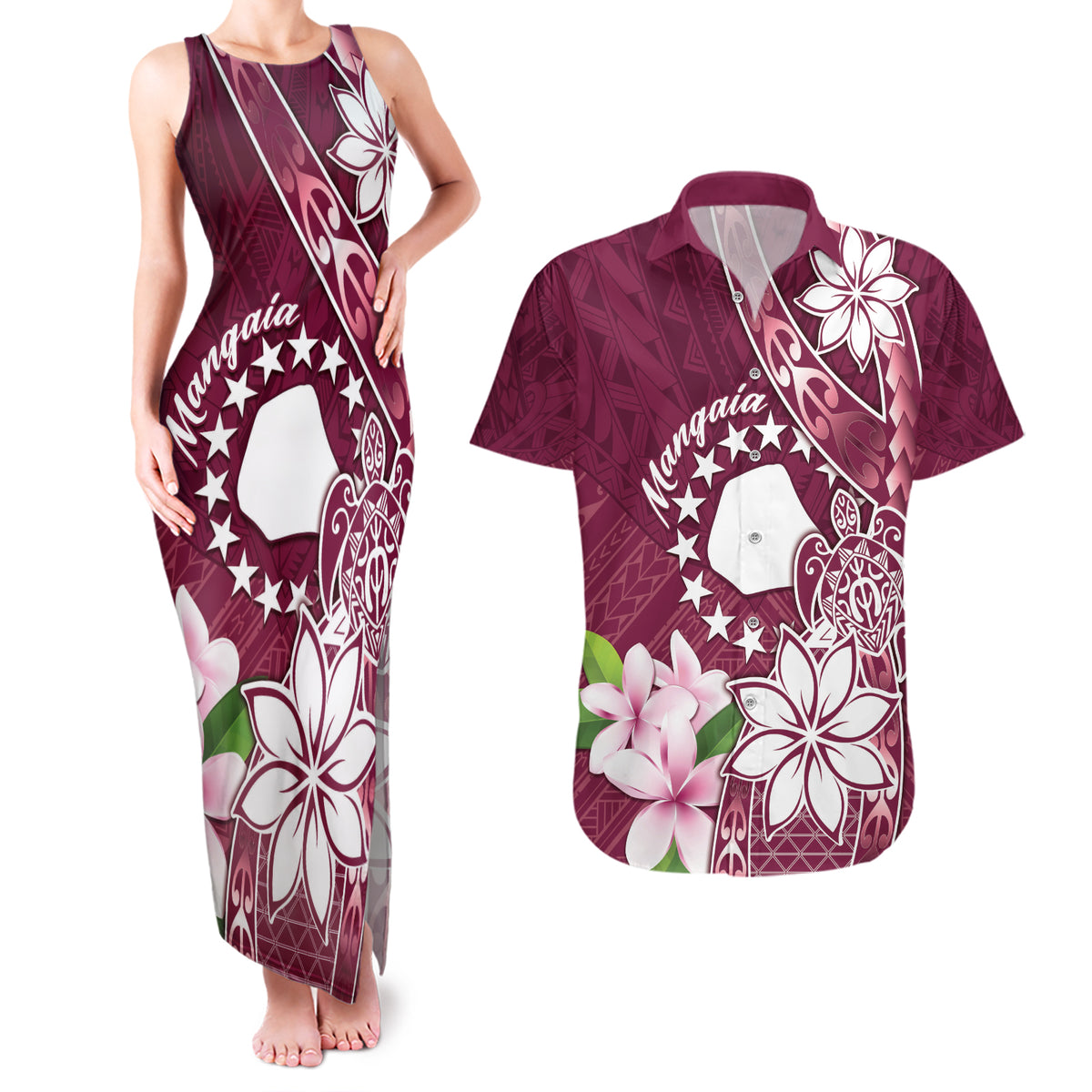 Personalised Cook Island Mangaia Gospel Day Couples Matching Tank Maxi Dress and Hawaiian Shirt Floral Tribal Pattern
