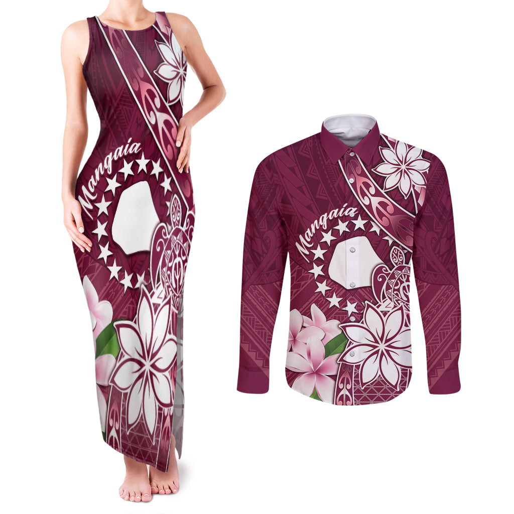 Personalised Cook Island Mangaia Gospel Day Couples Matching Tank Maxi Dress and Long Sleeve Button Shirt Floral Tribal Pattern