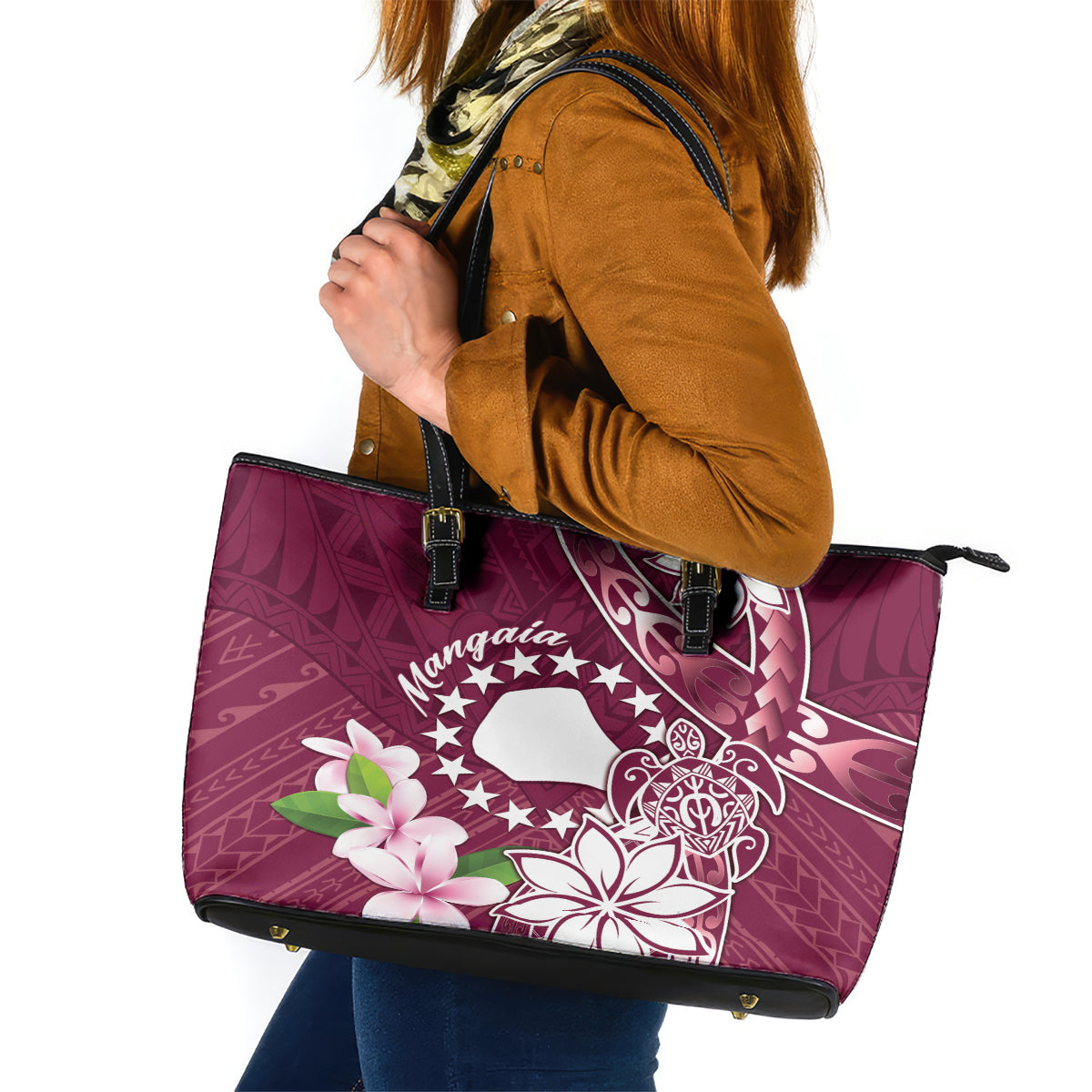 Cook Island Mangaia Gospel Day Leather Tote Bag Floral Tribal Pattern