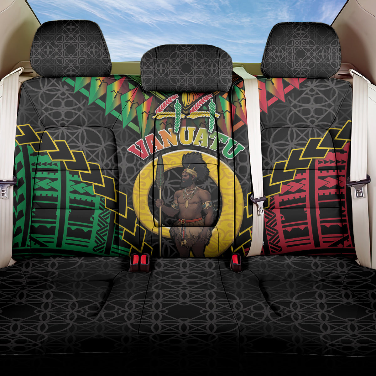 Vanuatu 44th Anniversary Independence Day Back Car Seat Cover Melanesian Warrior With Sand Drawing Pattern