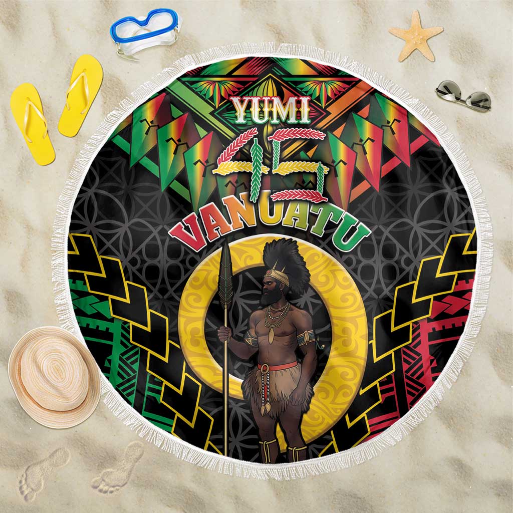 Vanuatu 46th Anniversary Independence Day Beach Blanket Melanesian Warrior With Sand Drawing Pattern LT05 One Size 150cm Black - Polynesian Pride
