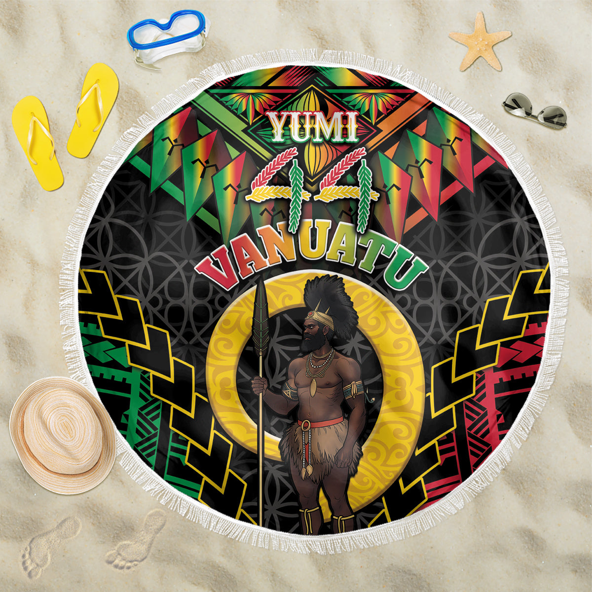 Vanuatu 44th Anniversary Independence Day Beach Blanket Melanesian Warrior With Sand Drawing Pattern