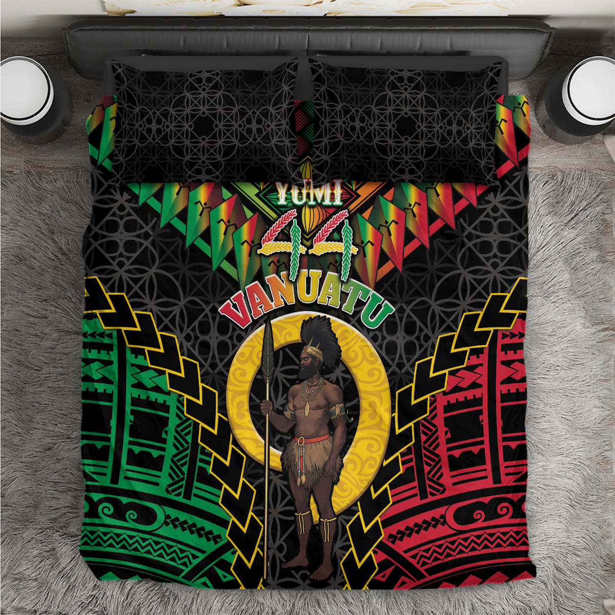 Vanuatu 44th Anniversary Independence Day Bedding Set Melanesian Warrior With Sand Drawing Pattern
