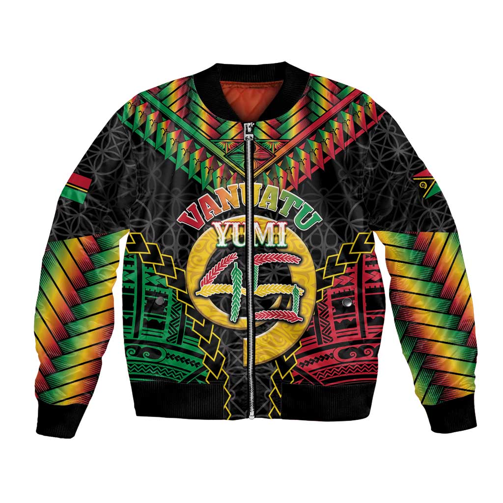 Vanuatu 46th Anniversary Independence Day Bomber Jacket Melanesian Warrior With Sand Drawing Pattern LT05 Unisex Black - Polynesian Pride