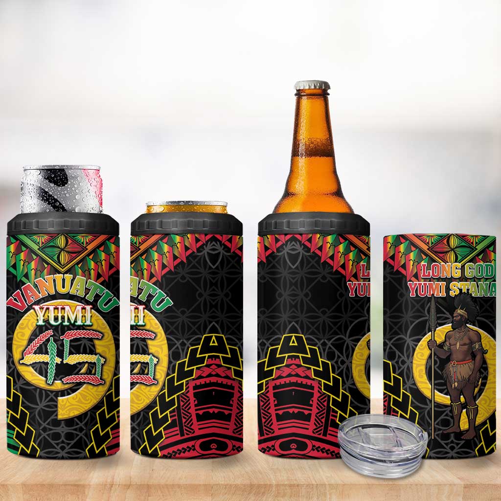 Vanuatu 45th Anniversary Independence Day 4 in 1 Can Cooler Tumbler Melanesian Warrior With Sand Drawing Pattern LT05