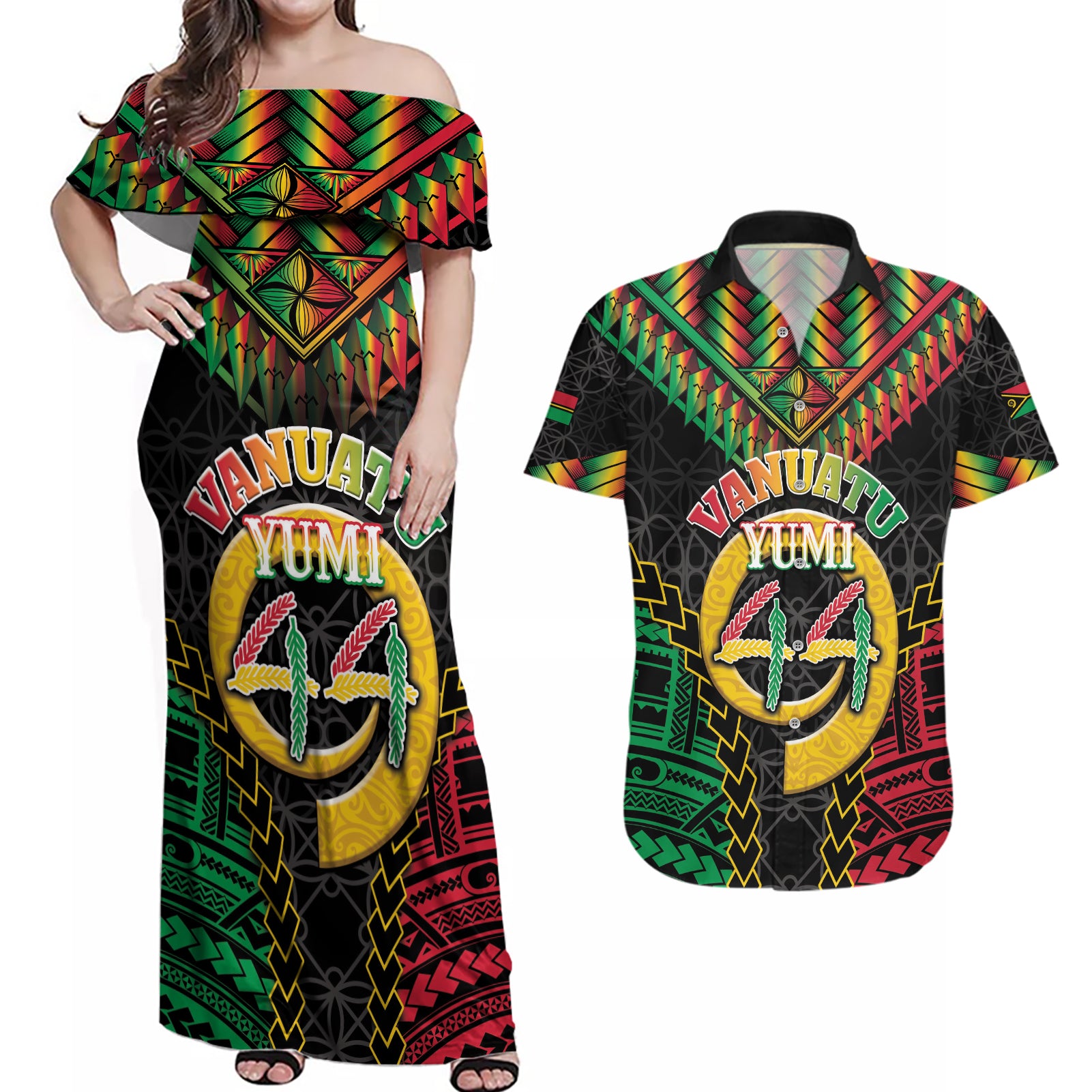 Vanuatu 44th Anniversary Independence Day Couples Matching Off Shoulder Maxi Dress and Hawaiian Shirt Melanesian Warrior With Sand Drawing Pattern