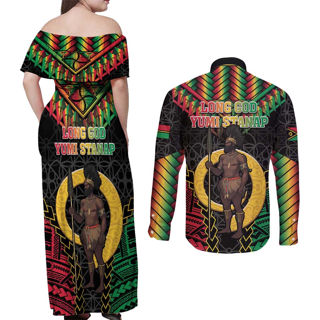 Vanuatu 45th Anniversary Independence Day Couples Matching Off Shoulder Maxi Dress and Long Sleeve Button Shirt Melanesian Warrior With Sand Drawing Pattern LT05