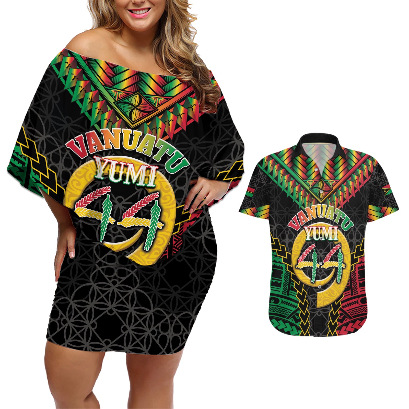 Vanuatu 44th Anniversary Independence Day Couples Matching Off Shoulder Short Dress and Hawaiian Shirt Melanesian Warrior With Sand Drawing Pattern