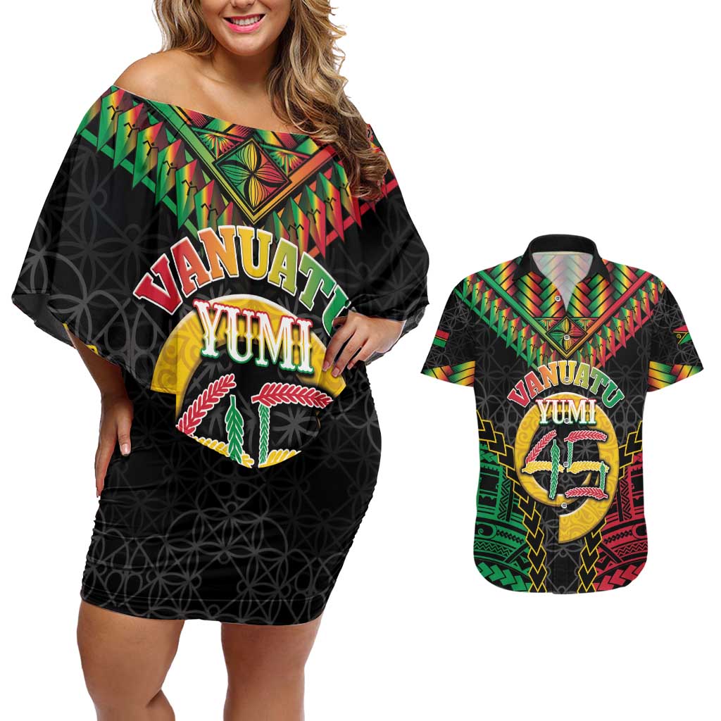 Vanuatu 44th Anniversary Independence Day Couples Matching Off Shoulder Short Dress and Hawaiian Shirt Melanesian Warrior With Sand Drawing Pattern