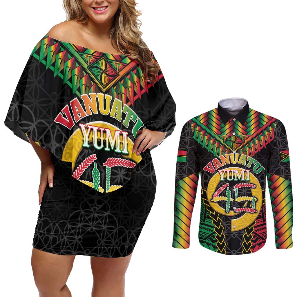 Vanuatu 45th Anniversary Independence Day Couples Matching Off Shoulder Short Dress and Long Sleeve Button Shirt Melanesian Warrior With Sand Drawing Pattern LT05