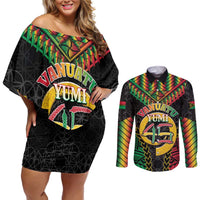 Vanuatu 45th Anniversary Independence Day Couples Matching Off Shoulder Short Dress and Long Sleeve Button Shirt Melanesian Warrior With Sand Drawing Pattern LT05