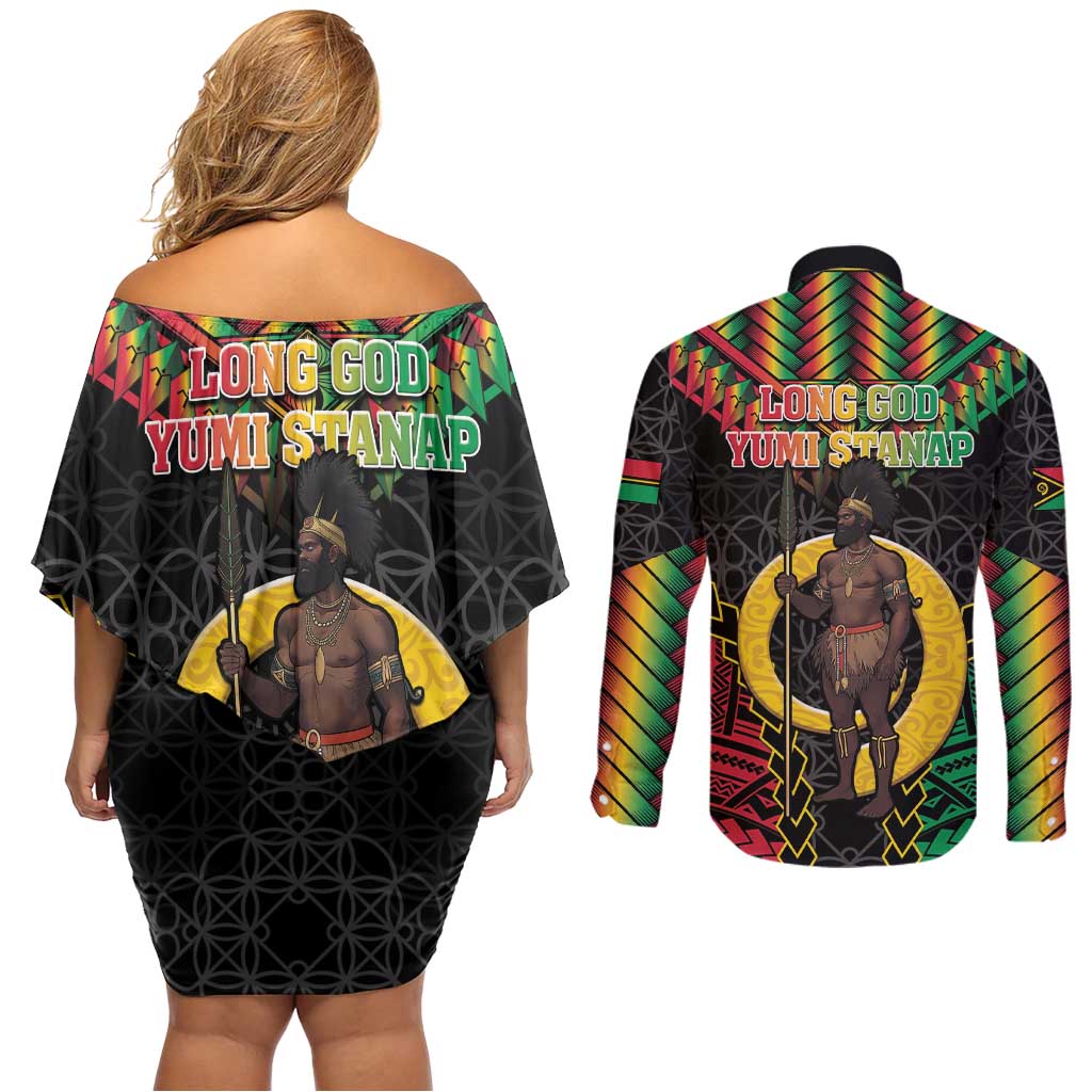 Vanuatu 45th Anniversary Independence Day Couples Matching Off Shoulder Short Dress and Long Sleeve Button Shirt Melanesian Warrior With Sand Drawing Pattern LT05