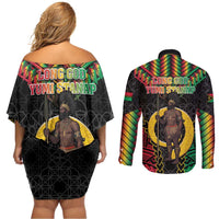 Vanuatu 45th Anniversary Independence Day Couples Matching Off Shoulder Short Dress and Long Sleeve Button Shirt Melanesian Warrior With Sand Drawing Pattern LT05