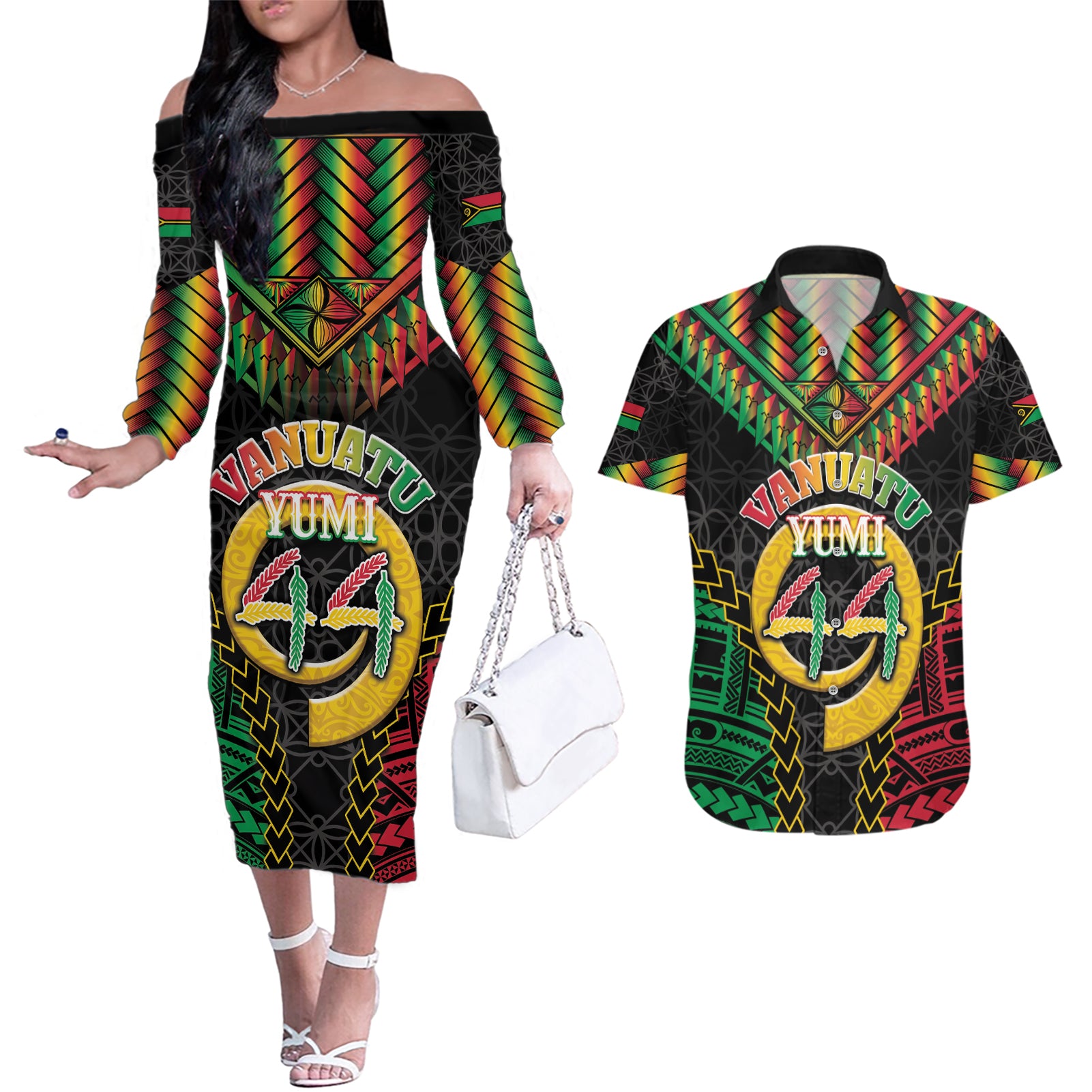 Vanuatu 44th Anniversary Independence Day Couples Matching Off The Shoulder Long Sleeve Dress and Hawaiian Shirt Melanesian Warrior With Sand Drawing Pattern