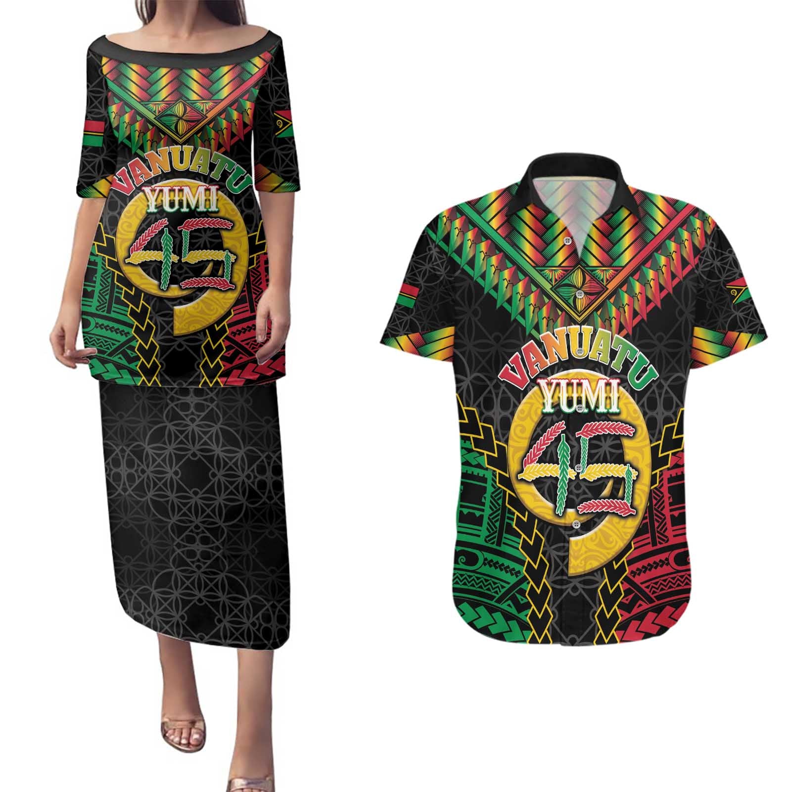 Vanuatu 45th Anniversary Independence Day Couples Matching Puletasi and Hawaiian Shirt Melanesian Warrior With Sand Drawing Pattern LT05