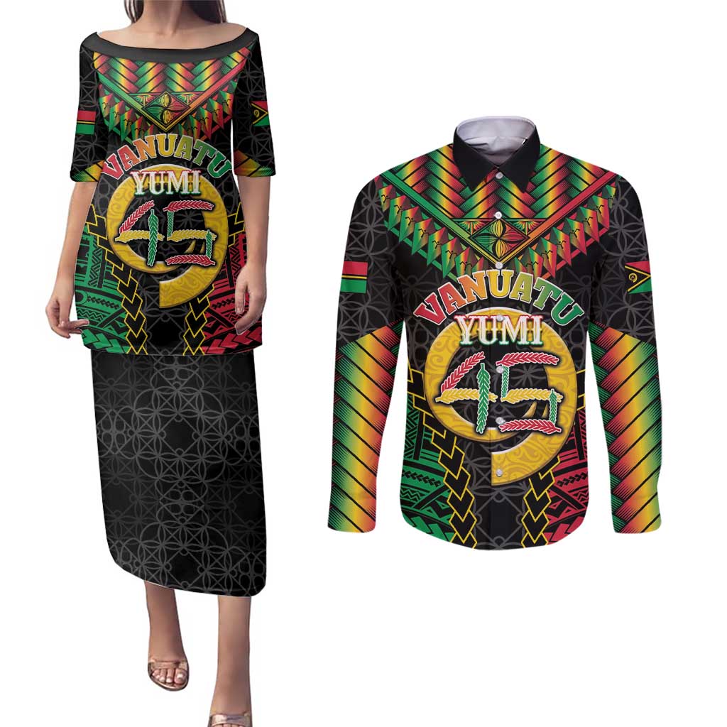 Vanuatu 45th Anniversary Independence Day Couples Matching Puletasi and Long Sleeve Button Shirt Melanesian Warrior With Sand Drawing Pattern LT05